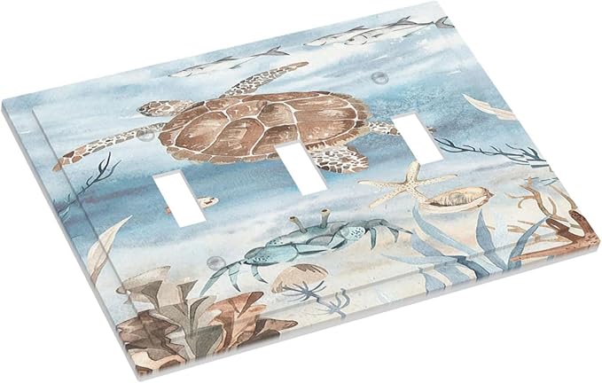 Decorative Switch Plates Sea Turtle Coral Reef Nauticaltheme 3 Gang Wall Plate Triple Toggle Light Switch Cover Faceplate Electrical Wall Panels for Kids room Bathroom Decor