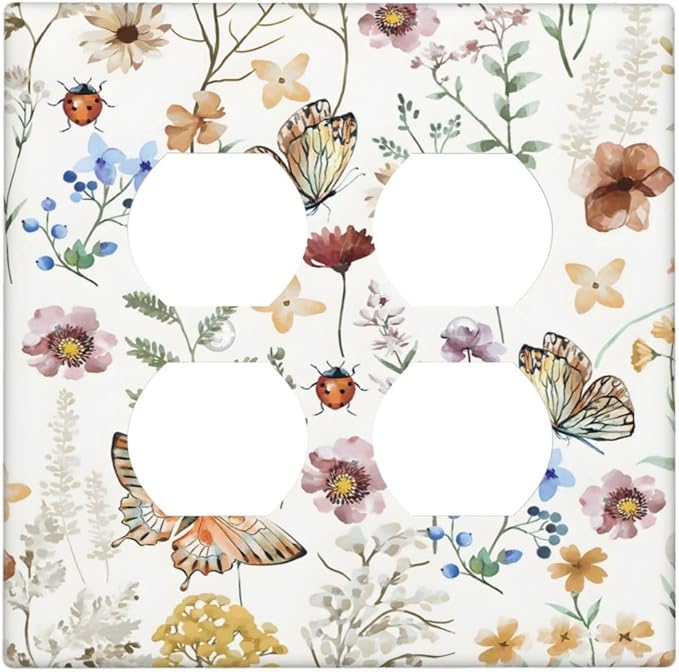 Boho Multicolor Flower Butterfly Insect Floral Outlet Covers 2 Gang Double Duplex Decorative Light Switch Covers Electrical Wallplates Socket Faceplate for Bedroom Living Room Decor