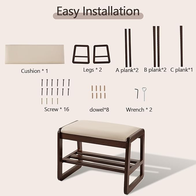 Small Shoe Rack Bench,2 Tier Wooden Entryway Bench with Shoe Storage, Shoe Rack with Cushion for Living Room, Hallway(Pu Beige, 21.6")