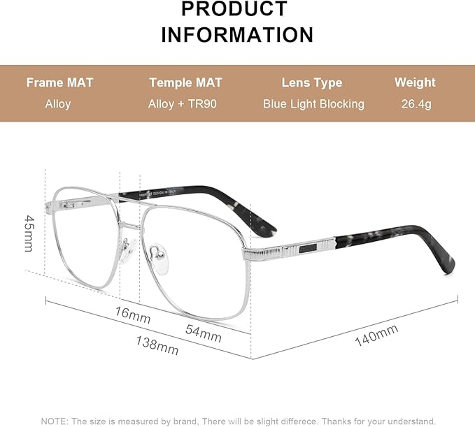 RB. Pilot Reading Glasses for Men Square Double Bridge Light Blocking Computer Readers Spring Hinge Metal Frame Acetate Legs