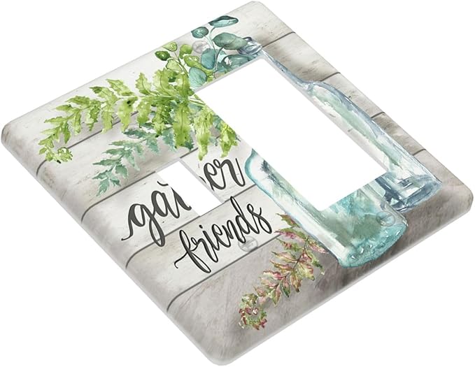 Light Switch Cover Watercolor Modern Flower 2 Gang Toggle Rocker Combo Wall Plates Floral Plant Wood Decorative Switch Plates and Outlet Covers Receptacle Cover for Farmhouse Bathroom Decor