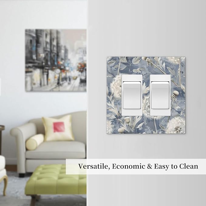 Blue Dandelion Vintage Floral Boho Flower Decorative Outlet Covers 2 Gang Double GFCI Rocker Electrical Wall Panels Light Switch Cover Plate for Bedroom Living Room Home Decor