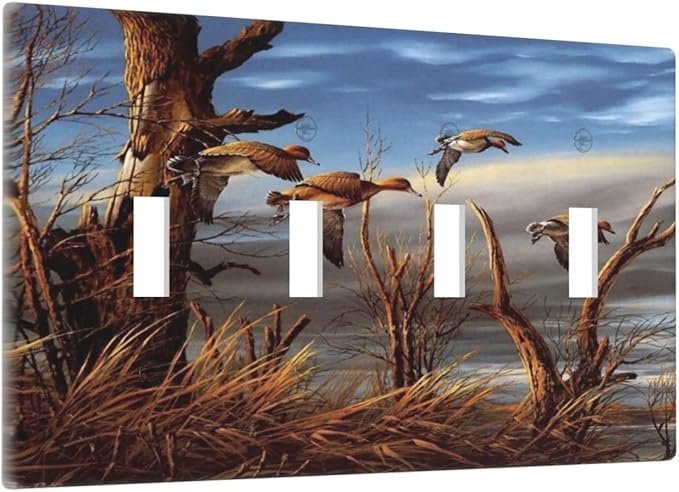 Hunting Flying Wild Ducks Quad Toggle Light Switch Covers Decorative 4 Gang Wall Plate Covers Fall Lakeside Reed Wildlife Animal Mallard 4 Hole Device Electrical Switchplate for Bathroom Decor