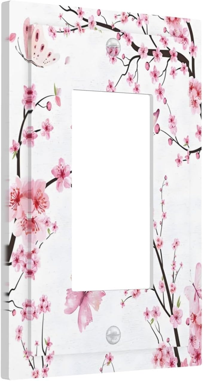 Cherry Floral Watercolor Pink Flowers Butterfly Decorative Outlet Covers 1 Gang Single Rocker Light Switch Cover Plate Wall Plates GFCI Faceplate for Bed Room Living Room Decor