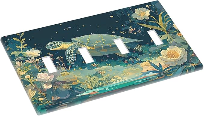 Light Switch Covers Fantasy Sea World Sea Turtle Floral Plant Quad Toggle Electrical Faceplate 4 Gang Wall Plate Decorative Switch Plates for Kids Room Nursery Decor