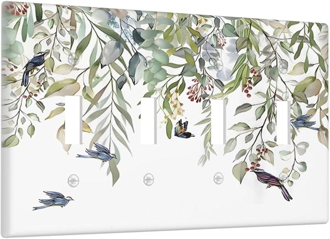 Green Leaf Eucalyptus Leaves Floral Bird Butterfly Light Switch Covers Quad Toggle Electrical Faceplate 4 Gang Wall Plate Decorative Switch Plates for Bed Room Living Room Decor