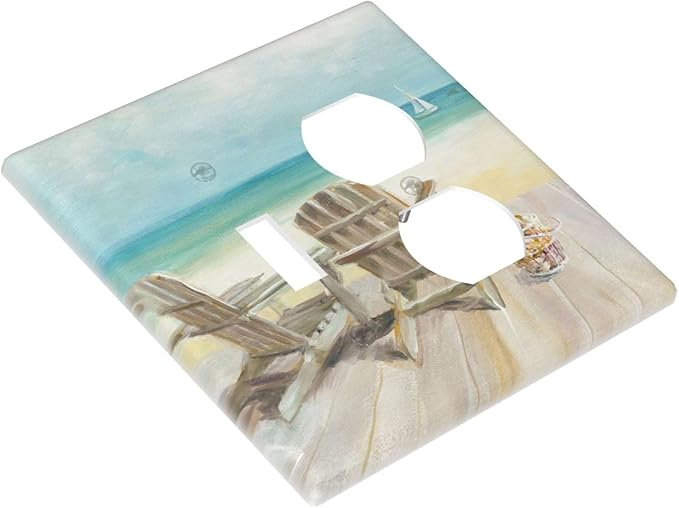 Decorative Light Switch Cover Plate Beach Chair Seascape Blue Ocean Modern Coastal 2 Gang Outlet Covers 1 Toggle 1 Duplex Wall Plate Decorate Electrical Switch Plate Covers for Bathroom Home