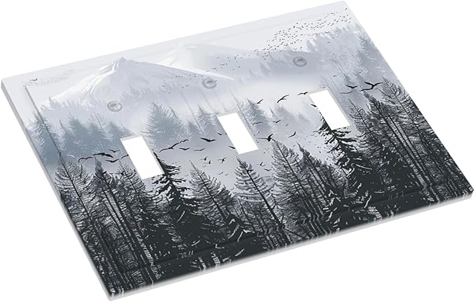 Misty Forest Nature Tree Mountain Birds Decorative Switch Plates 3 Gang Wall Plate Triple Toggle Light Switch Cover Faceplate Electrical Wall Panels for Bed Room Living Room Decor