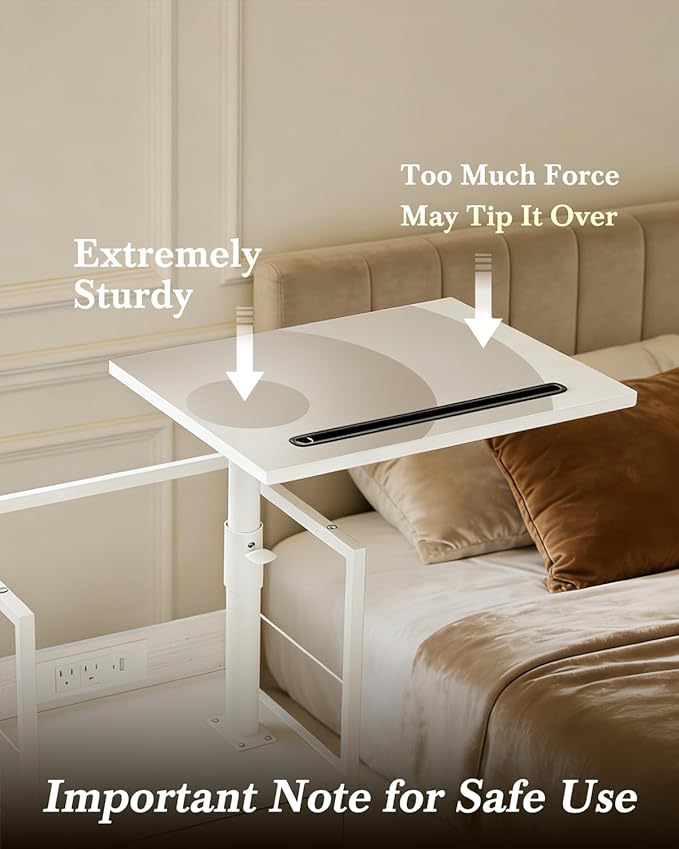 Swivel Lift Top Nightstand with Charging Station, 2-Tier 360° Adjustable Bedside Table, Rolling Night Stand with Wheels, Small End Table with Fabric Drawer, for Bedroom, Living Room, White