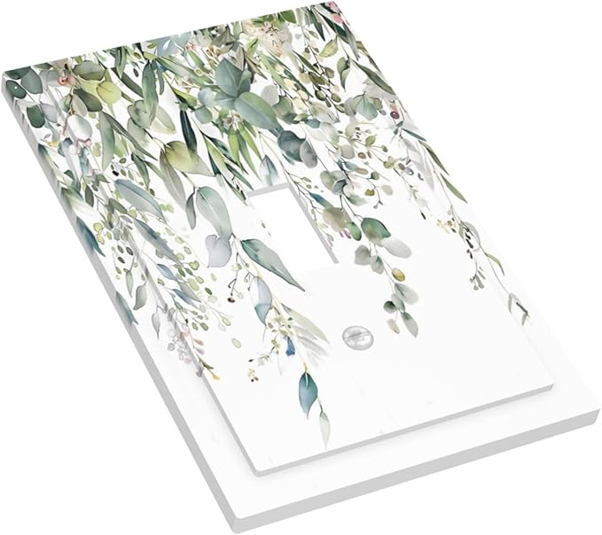 Sage Green Watercolor Eucalyptus Leaves Floral Flowers Decorative Light Switch Cover 1 Gang Single Toggle Device Electrical Faceplate Switchplates Decorator Outlet Wall Plate for Farmhouse Bed Room
