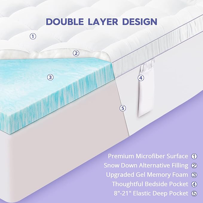 ABENE California King Size Dual Layer 3 Inch Memory Foam Mattress Topper, 2 Inch Memory Foam Bed Pad and 1 Inch Down Alternative Pillowtop Mattress Pad Cover, Plush Soft Bed Topper for Back Pain