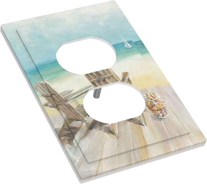 Outlet Covers Beach Chair Seascape Blue Ocean 1 Gang Duplex Light Switch Cover Plate Modern Coastal Decorative Wall Plates Electrical Switchplate Receptacle Cover for Bathroom Bedroom Decor