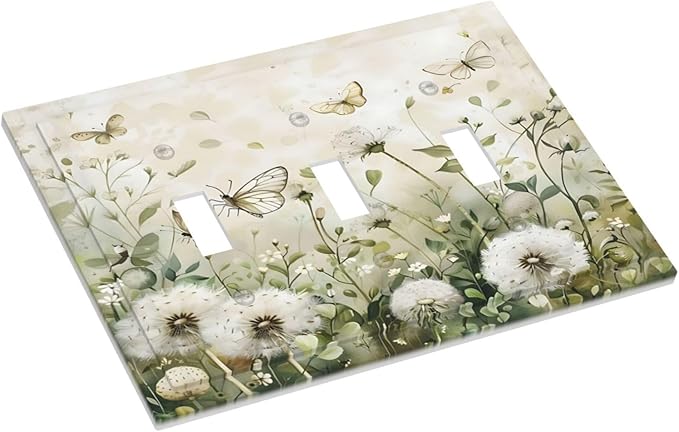 Dandelions Butterflies Watercolor Wildflowers Floral Decorative Switch Plates 3 Gang Wall Plate Triple Toggle Light Switch Cover Faceplate Electrical Wall Panels for Bedroom Living Room Decor