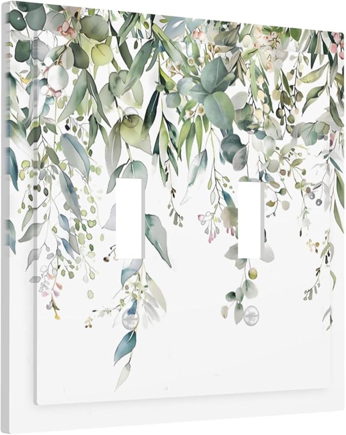 Sage Green Watercolor Eucalyptus Leaves Floral Flowers Decorative Switch Plates 2 Gang Double Toggle Outlet Light Switch Cover Wall Plate Electrical Faceplate for Farmhouse Bed Room Decor