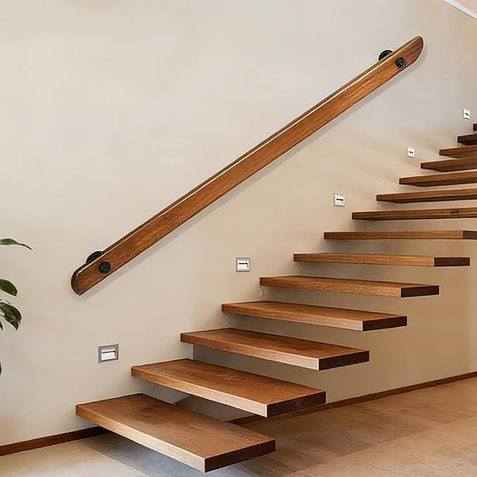 Wood Handrails, Indoor Non-Slip Staircase Handrail,Retro Rustic Wall Mount Railings Handrails, Home Loft Corridor Support Rod,Industrial Pipe Support, Easy to Install (Dark Wood, 4FT)