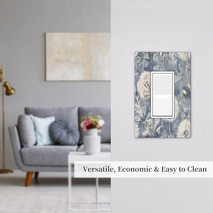 Blue Dandelion Vintage Floral Boho Flower Decorative Outlet Covers 1 Gang Single Rocker Light Switch Cover Plate Wall Plates GFCI Faceplate for Bedroom Living Room Home Decor