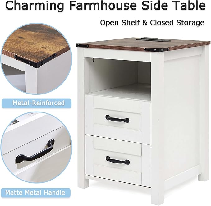 White Night Stand, Rustic End Table with Charging Station, Farmhouse Tall Nightstand for Bedroom, Drawer Dresser Bedside Table with Open Storage Shelf