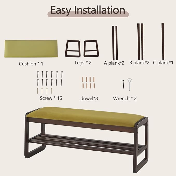 Shoe Rack Bench,2 Tier Wooden Entryway Bench with Shoe Storage, Shoe Rack with Cushion for Living Room, Hallway(Olive Green, 39.4")