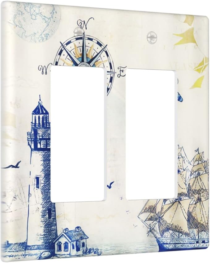 Nautical Sailboat Lighthouse Compass Anchor Double Rocker/Decora Outlet Covers Plate 2 Gang Light Switch Cover Decorative Rustic Gfci Wall Plate Electrical Switchplate for Country Bathroom