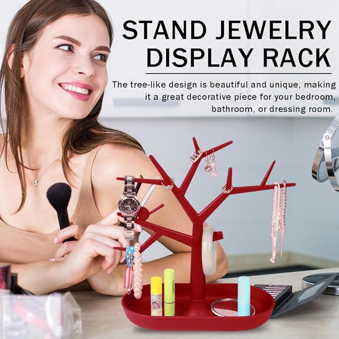 Tabletop Key Holder Stand Tree Key Rack,Stand Jewelry Display Necklace Ring Earring Holder Rack,Jewelry Organizer Tray Home Decor for Home Entryway (Red)