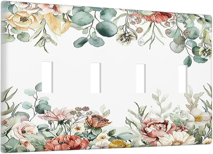 Light Switch Covers Vintage Boho Floral Leaves Rustic Sage Botanical Quad Toggle Electrical Faceplate 4 Gang Wall Plate Decorative Switch Plates for Bedroom Home Decor