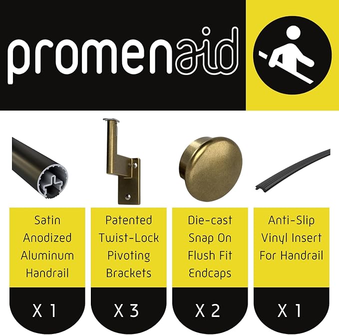 Promenaid 5ft Flush Handrail Kit - Architectural Bronze - Complete Indoor/Outdoor Handrail for Stairs - 1.6" Round Anodized Aluminum Railing with 3 Antique Brass Pivoting Wall Brackets & Flush Endcap