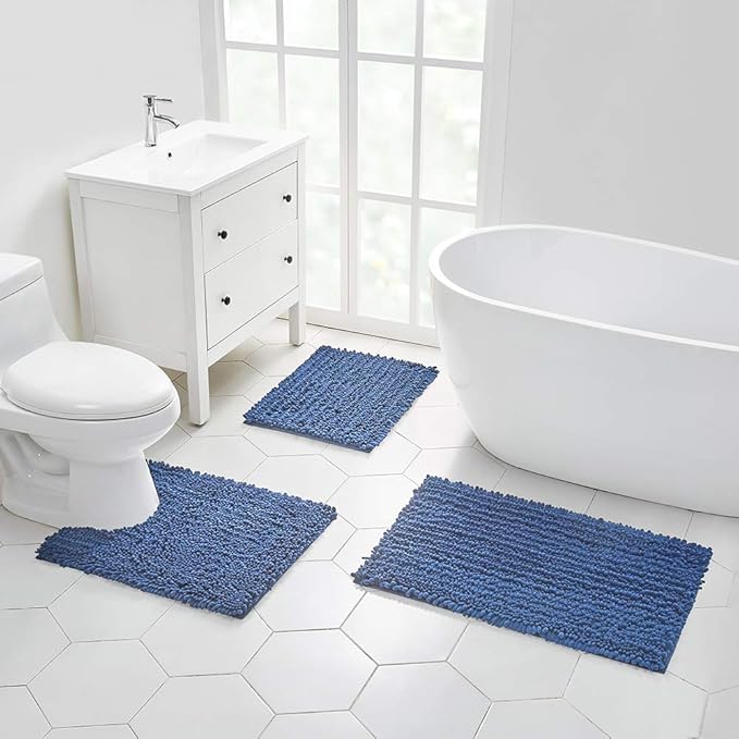 Walensee Bathroom Rug Non Slip Bath Mat (24x17 Inch Dark Blue) Water Absorbent Super Soft Shaggy Chenille Machine Washable Dry Extra Thick Perfect Absorbant Best Small Plush Carpet for Shower Floor