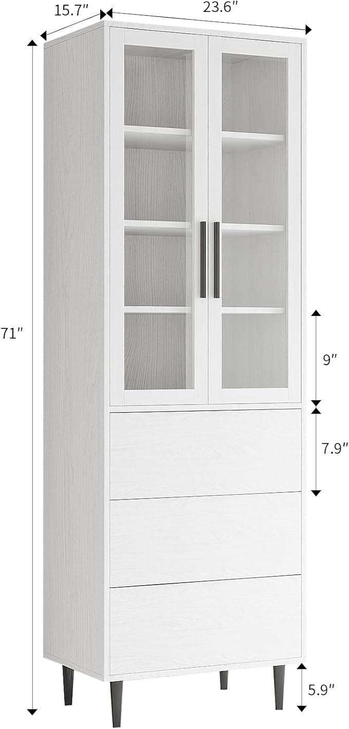 TUSY 70.9“ H Bookshelf with Glass Doors, 5-Tier Display Curio Cabinet with Drawers, Narrow Display Bookcase for Home, Office, Clinic, Pantry (White, B)