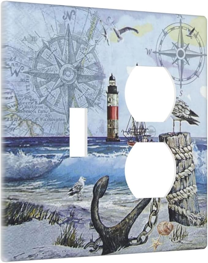 Decorative Light Switch Cover Plate Sea Ocean Sand Coast Compass Ship Lighthouse Anchor 2 Gang Outlet Covers 1 Toggle 1 Duplex Wall Plate Decorate Electrical Switch Plate Covers for Bathroom Bedroom