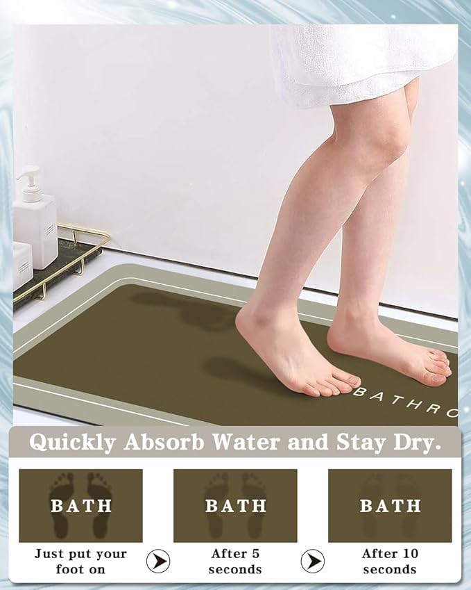 Bathroom Mat Rugs, Super Absorbent Shower Mats, Non Slip Quick Dry Thin Rubber Mats for Bathroom Floor Fit Under Door, Shower Rug for Bathtub, Shower, Brown