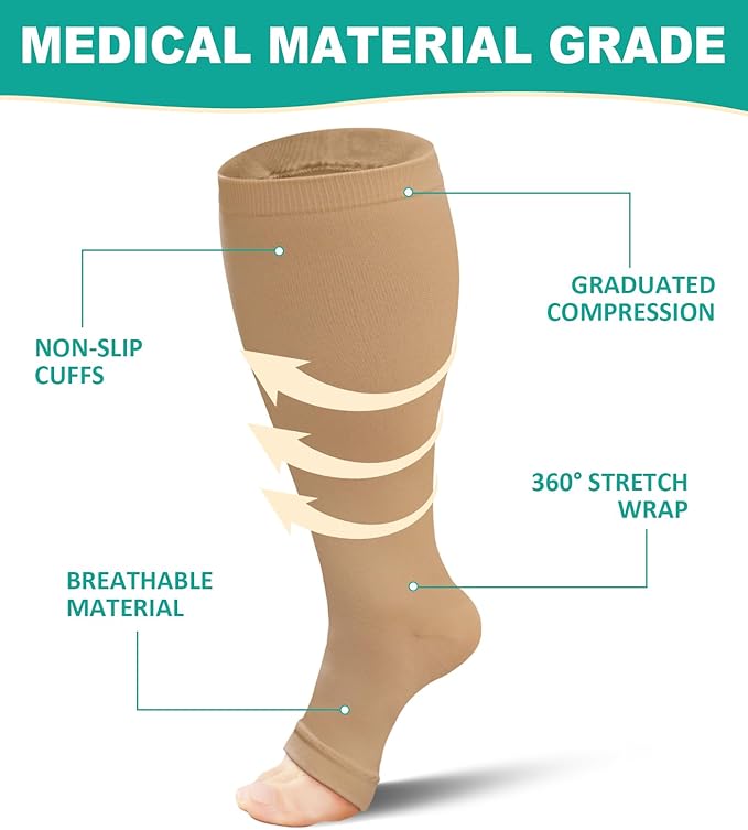 Plus Size Compression Socks: Wide Calf Toeless Stockings for Men Women - Open Toe 20-30 mmHg Compression Hose Support for Travel Nurses