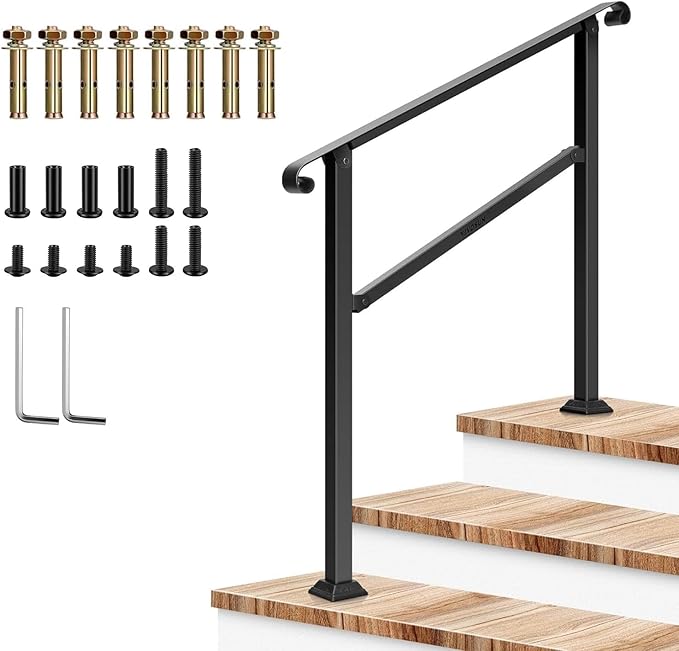 VIVOSUN Outdoor Handrail, 3 Step Stair Handrail, 40" x 36" Fits 1 to 3 Steps, Wrought Mattle Iron Stair Railing with Curved Ends for Concrete Steps, Porch Steps, One-Step Assembly, Black