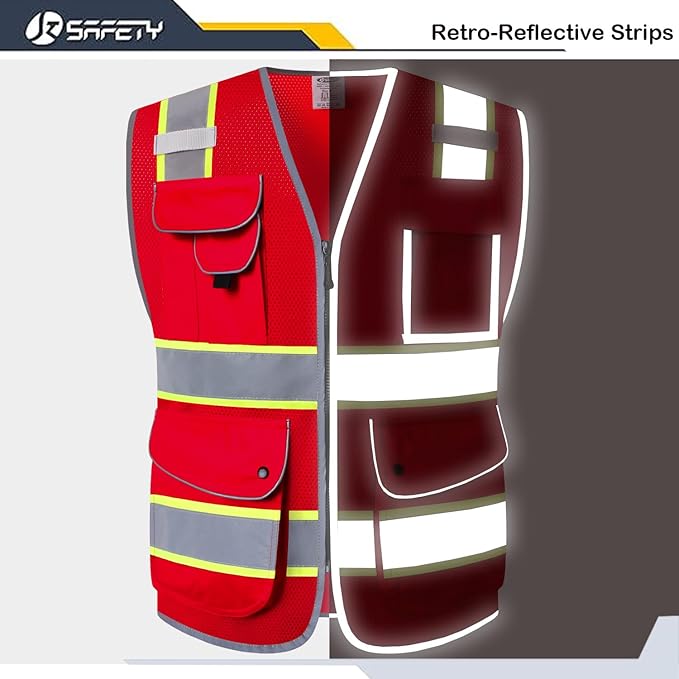 JKSafety 9 Pockets Hi-Vis Neon Red Zipper Front MESH Safety Vest with Fluorescent Yellow Extend Edge outlining the Reflective Tapes Meet ANSI/ISEA Class 2 Standard (100-Red, 3X-Large)