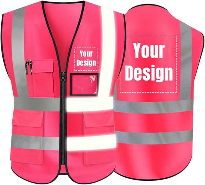YOWESHOP High Visibility Safety Vest Custom Your Logo Protective Workwear 5 Pockets With Reflective Strips Outdoor Work Vest (Pink (L))