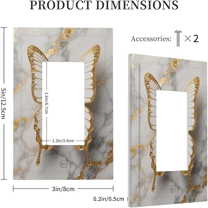 Gold Marble Shine Butterfly Abstract Modern Print Decorative Outlet Covers 1 Gang Single Rocker Light Switch Cover Plate Wall Plates GFCI Faceplate for Bed Room Bathroom Decor