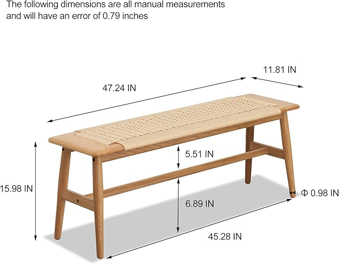 Wood Bench,100% Solid Oak Dining Bench with Woven Design, Sturdy Mortise Bench for Bench,Entryway,Dining,White/Beige Color, 43.31 x 11.81 x 15.98 inch