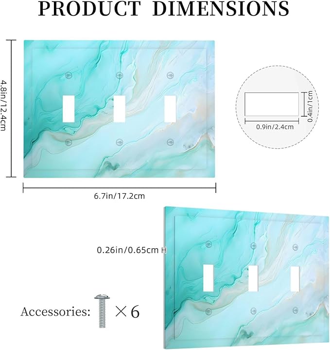 Teal Gold Marbling Turquoise Print Decorative Switch Plates 3 Gang Wall Plate Triple Toggle Light Switch Cover Faceplate Electrical Wall Panels for Bathroom Living Room Home Decor
