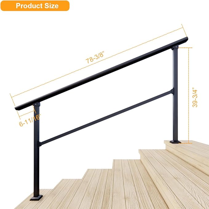 DIYHD 6 Step Handrail for Outdoor,Powder Coated Iron Stair Railing,Black Hand Rails for Indoor, Porch,Deck,2 Pack