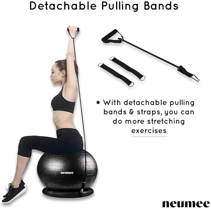 Yoga Ball Chair with 65cm Exercise Ball & 2 Resistance Bands, Stability Base for Home Office, Yoga, Pilates & Fitness, Balance Ball for Posture, Core Strength & Low Impact Workouts