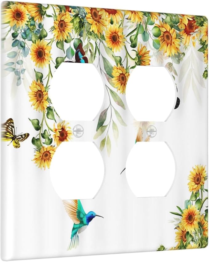 Yellow Sunflower Butterfly with Bird Outlet Covers 2-Gang Duplex Light Switch Cover Plate Decorative Gfci Wall Plate Electrical Receptacle Switch Plate Covers Plug Faceplate for Bedroom Decor