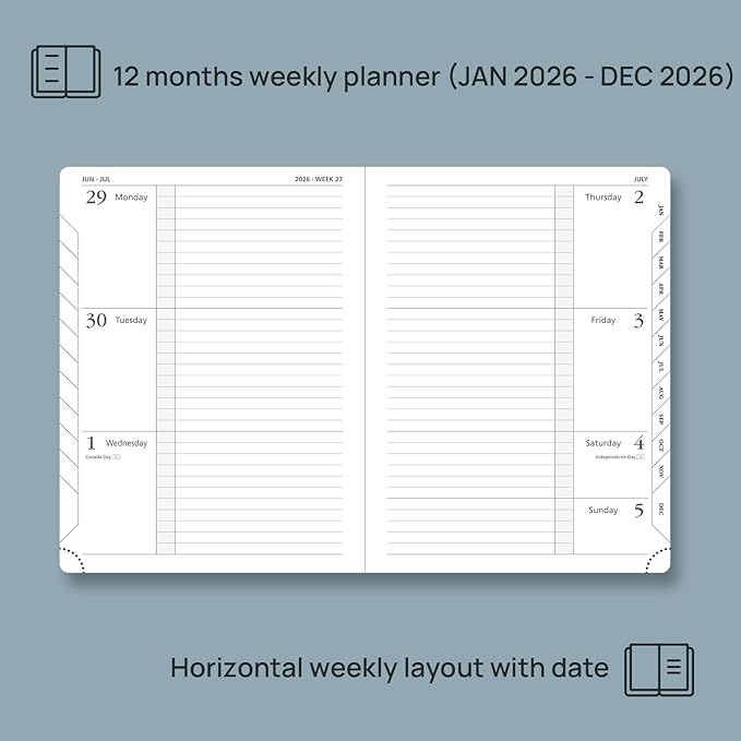 POPRUN 2026 Weekly & Monthly Planner Calendar, 6.75" x 8.75" Medium, Horizontal Layout with Lined Sections, Jan. 2026 - Dec. 2026, Leather Hardcover, 100GSM Paper, Inner Pocket - Midnight Green