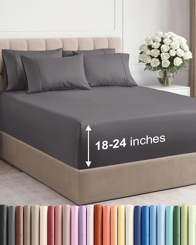 Extra Deep Queen Sheet Set - 6 Piece Breathable and Cooling Sheets - Hotel Luxury Bed Sheets Set - Easy & Secure Fit - Soft, Wrinkle Free and Comfy Sheets Set - Grey Sheet Set with Extra Deep Pockets
