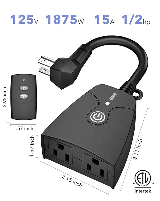 HBN Outdoor Wireless Remote Control Outlet Plug,Weatherproof Heavy Duty Power Strip,Indoor Electrical Plugs for Light Switch,6-inch Cord,100ft Range, 2 Remote Controls(15A,Dual 3-Prong Outlets)