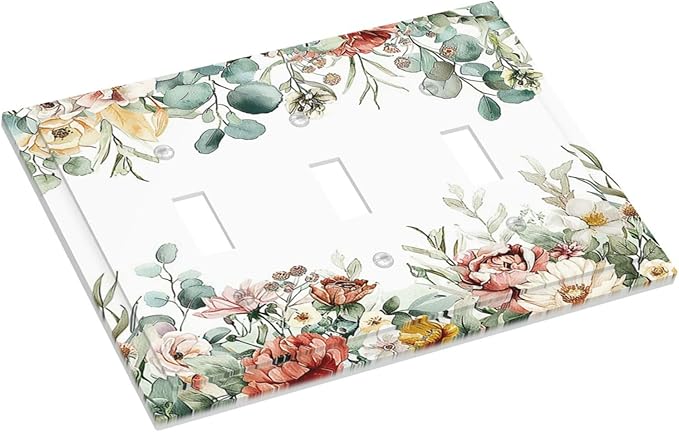 Decorative Switch Plates Vintage Boho Floral Leaves Rustic Sage Botanical 3 Gang Wall Plate Triple Toggle Light Switch Cover Faceplate Electrical Wall Panels for Bedroom Home Decor
