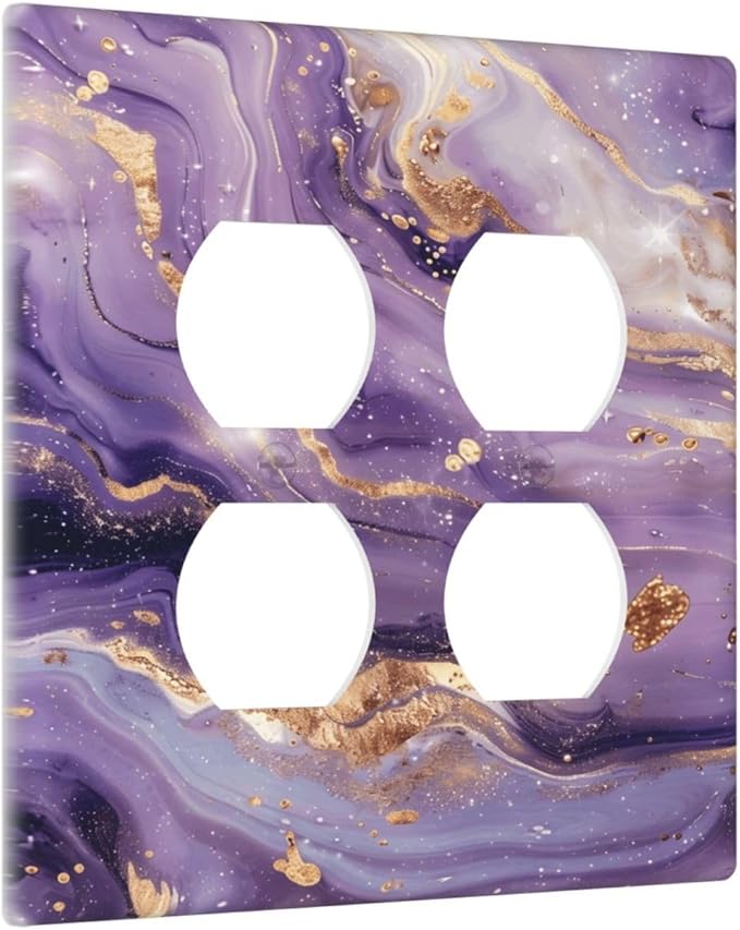 Luxury Marble Texture Purple And Gold Abstract Print Outlet Covers 2 Gang Double Duplex Decorative Light Switch Covers Electrical Wallplates Socket Faceplate for Bathroom Home Decor
