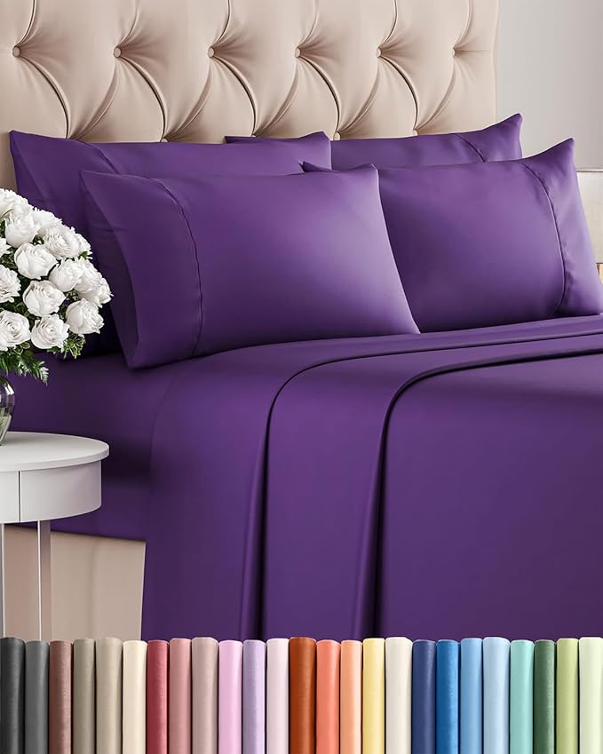 Cal King 6 Piece Sheet Set - Cooling & Breathable Bed Sheets - Hotel Luxury Bed Sheets for Women, Men, Kids & Teens - Bedding w/Deep Pockets & Easy Fit - Soft & Wrinkle Free - Cal King Purple Sheets