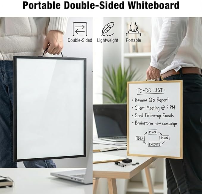 Small Whiteboard 12 x 16 Inch Magnetic Dry Erase Board with Handle | Gold Aluminum Frame | Double-Sided Planner Board with Weekly & Monthly Sheets | 3 Markers, Eraser & 2 Magnets