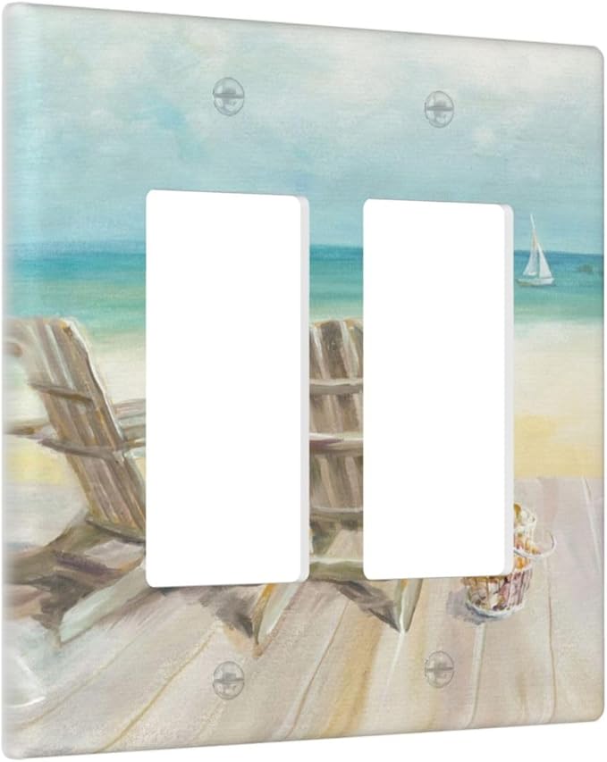 Outlet Covers Beach Chair Seascape Blue Ocean 2 Gang Wall Plate Double Rocker Light Switch Cover Modern Coastal Decorative GFCI Receptacle Cover Electrical Switchplate for Bathroom Bedroom