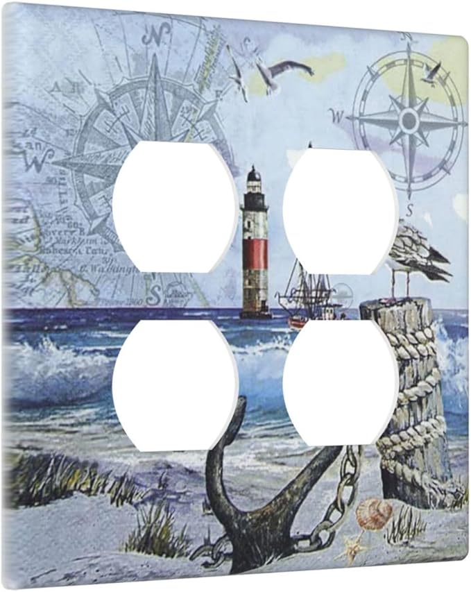 Decorative Light Switch Cover Plate Sea Ocean Sand Coast Compass Ship Lighthouse Anchor 2 Gang Socket Covers Double Duplex Wallplates Switch Plates and Outlet Covers for Bathroom Bedroom Decor