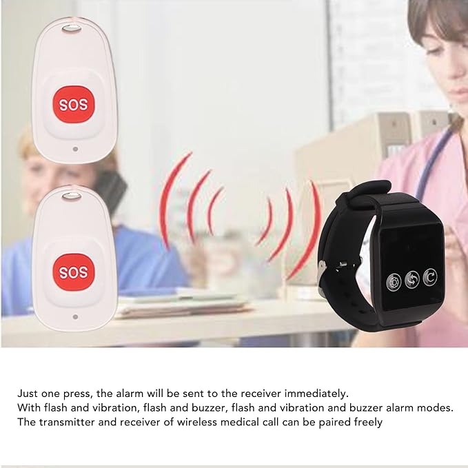 Portable Caregiver Pager System, Wireless SOS Alert Buttons with 100m Range & Multiple Alarm Modes for Elderly Patient Home Care